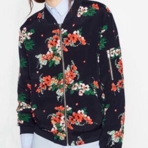 Zara Navy Floral Print Bomber Jacket Size medium